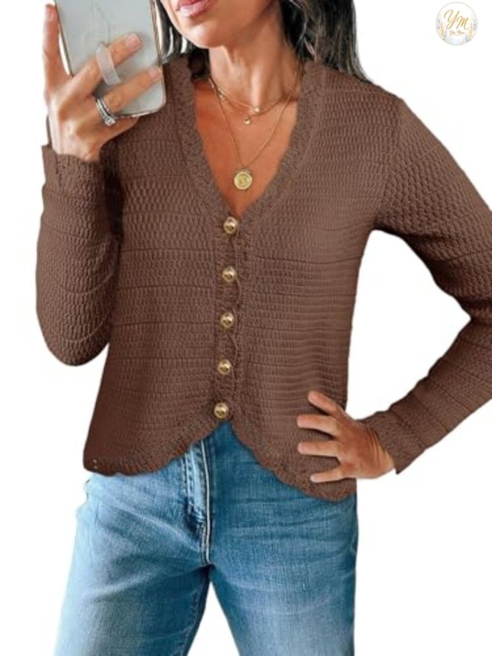 V Neck Button Down Cropped Cardigan Sweater Boho Knit Long Sleeve
